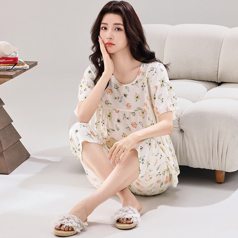 水中花  绵绸家居服薄款透气短袖圆领七分裤大码宽松两件套装少女可爱甜美舒适柔软可外穿睡衣套装 女款
