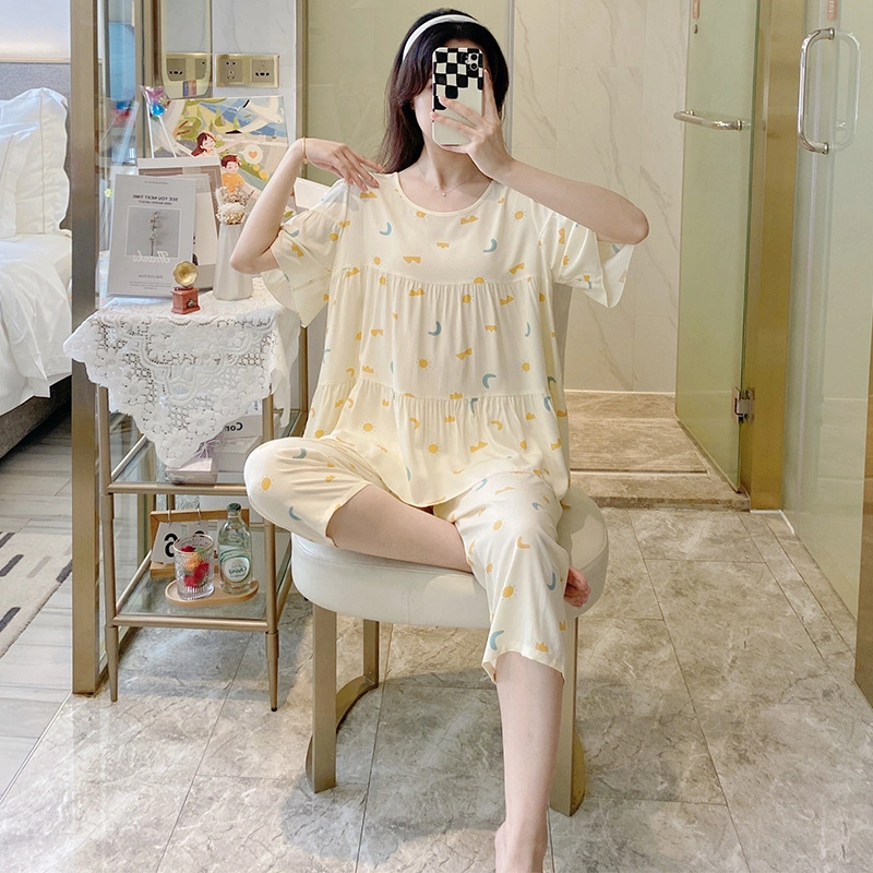 水中花  绵绸家居服薄款透气短袖圆领七分裤大码宽松两件套装少女可爱甜美舒适柔软可外穿睡衣套装 女款