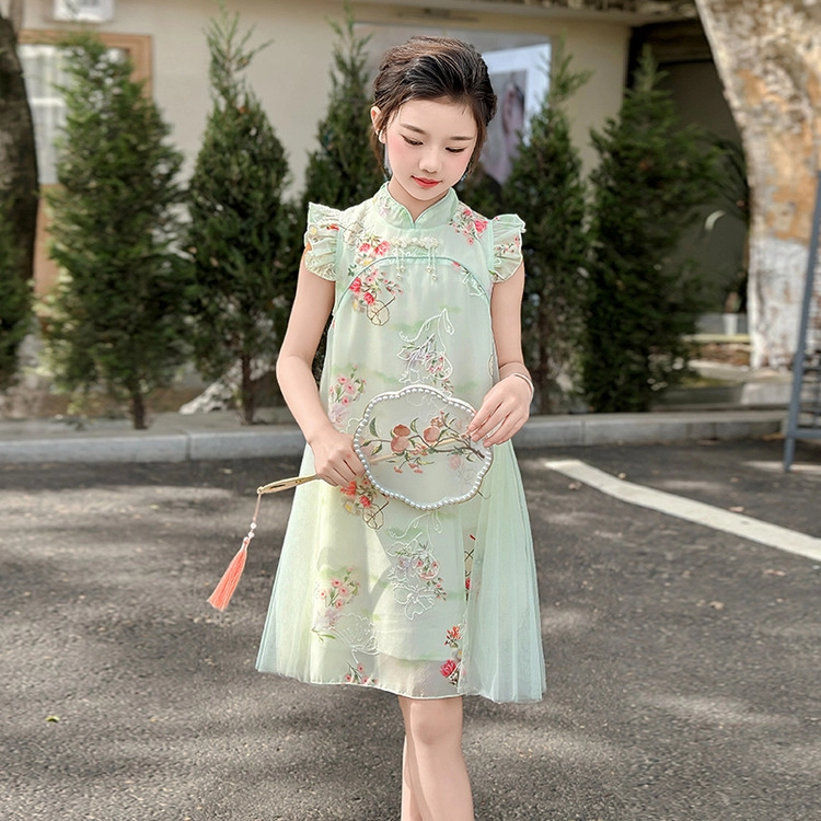 天才小熊汉服 女童夏季大童运动小孩衣服 小女孩 青少年蝴蝶中国风旗袍洋气时髦 漂亮 甜美 青少年