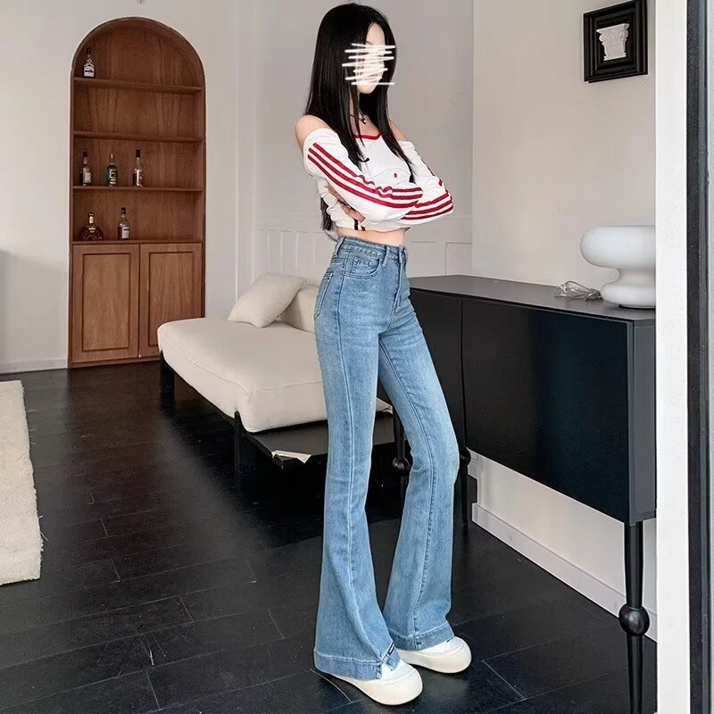 天才小熊 潮流时尚百搭复古开叉喇叭裤女修身弹力显瘦小个子微喇裤牛仔裤 女款