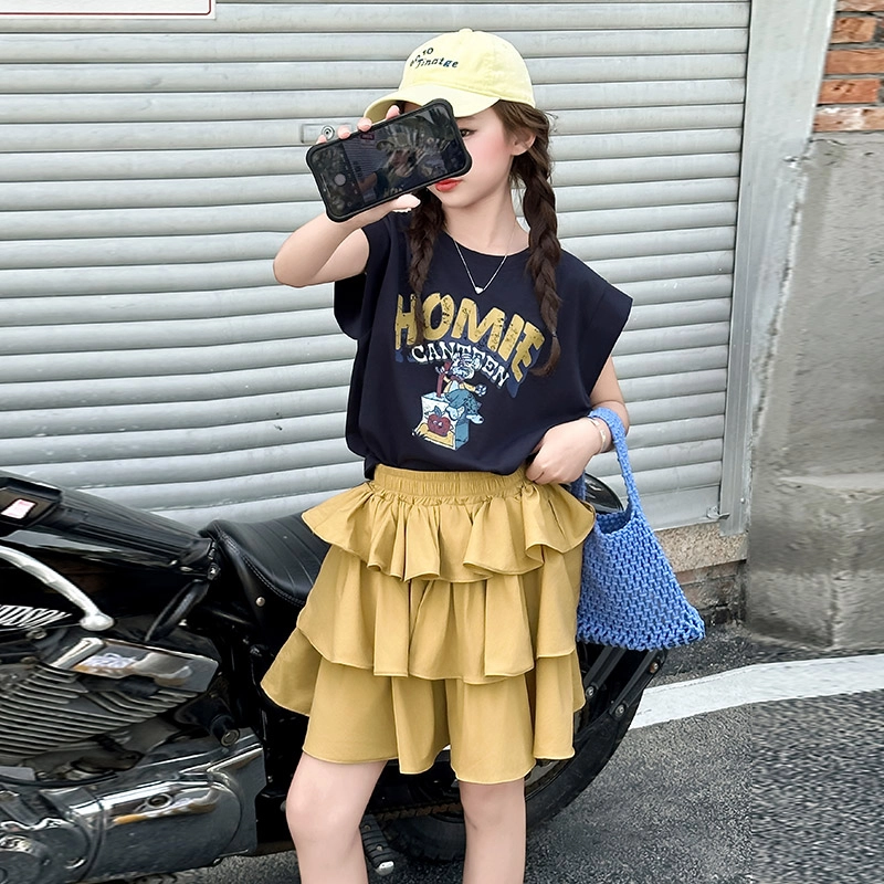天才小熊休闲运动套装 女童夏季夏装大童潮牌小孩衣服 小女孩短袖洋气时髦 漂亮 甜美