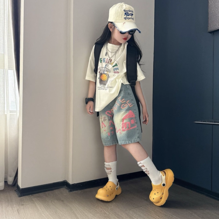 天才小熊休闲运动套装 女童夏季大童潮牌小孩衣服 小女孩短袖 牛仔 洋气时髦 漂亮 甜美