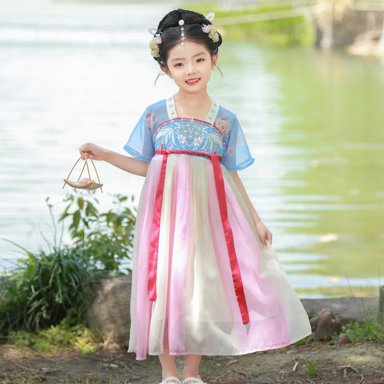 天才小熊汉服套装 女童夏季大童运动小孩衣服 小女孩 青少年蓝花香中国风洋气时髦 漂亮 甜美