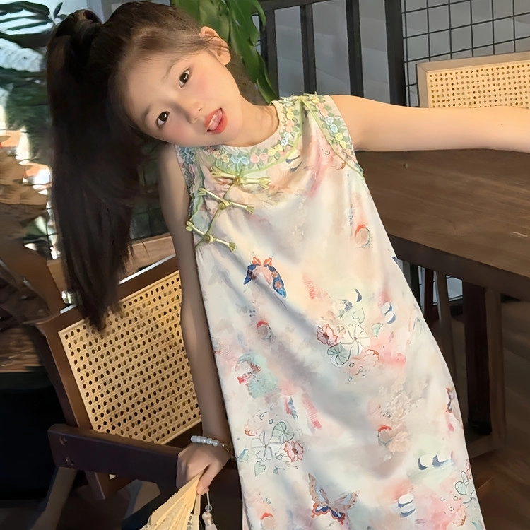 天才小熊汉服套装 女童夏季大童运动小孩衣服 小女孩 青少年蝴蝶旗袍中国风洋气时髦 漂亮 甜美