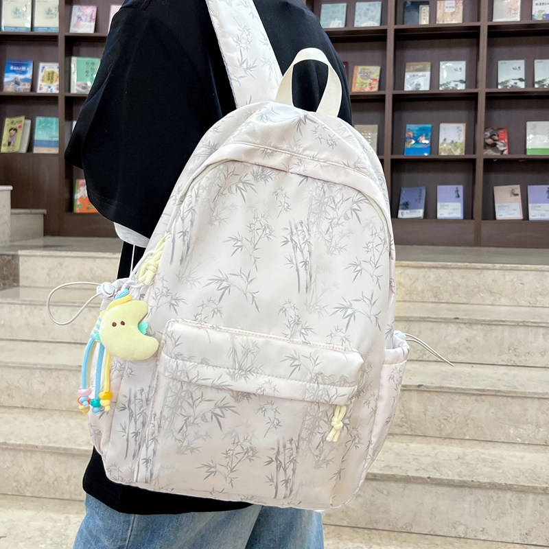天才小熊 书包女生高中生日系撞色高颜值 大学生印花大容量背包  休闲拉链开合  尼龙布 双肩包 常规 白色