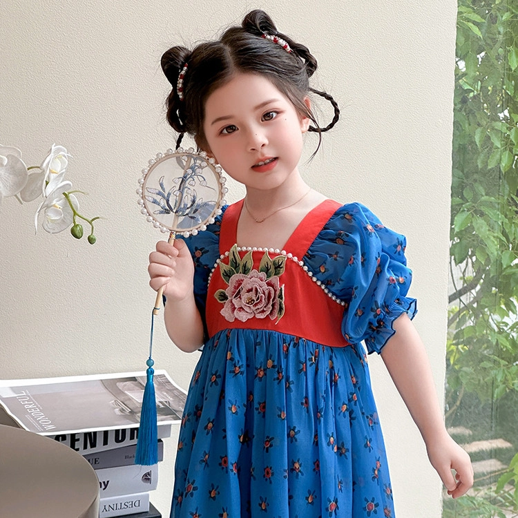 天才小熊汉服套装 女童夏季大童运动小孩衣服 小女孩 青少年花漾裙中国风洋气时髦 漂亮 甜美