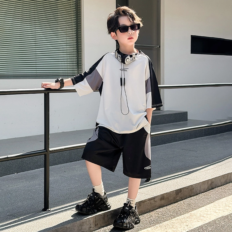 天才小熊休闲运动套装 男童夏季大童潮牌小孩衣服 小男孩短袖洋气时髦 时尚拼色速干冰丝 儿童款