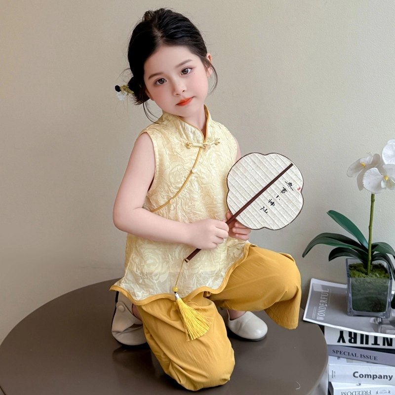 天才小熊汉服套装 女童夏季大童运动小孩衣服 小女孩 青少年花边复古中国风洋气时髦 漂亮 甜美