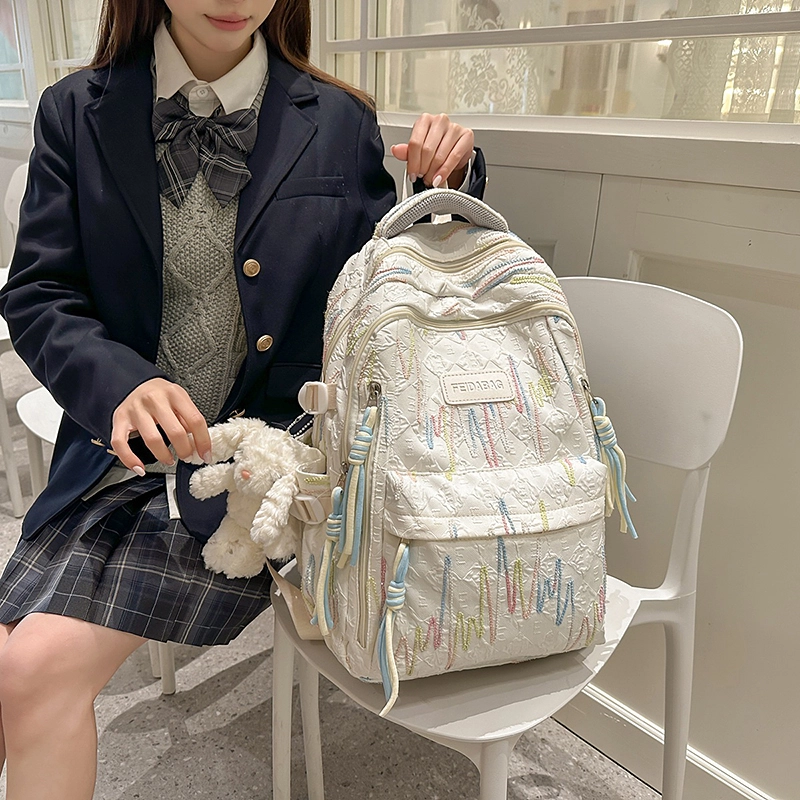 天才小熊 书包初中女生高中生女大学生 简约森系 经典时尚小众设计 高级感 休闲拉链开合  尼龙布 双肩包 大号 白色