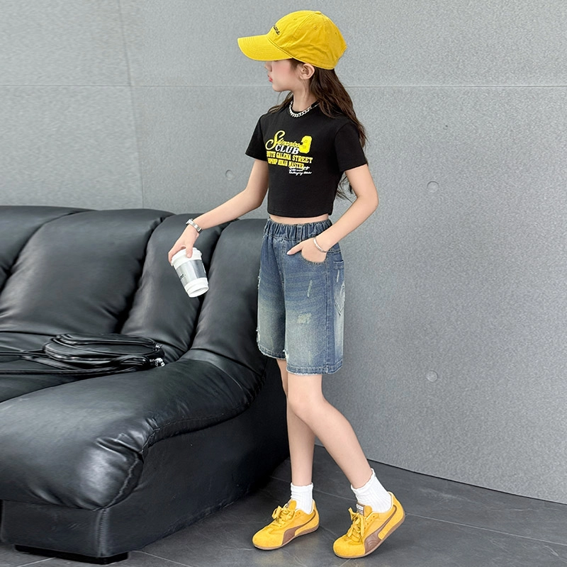 天才小熊女童夏季运动裤大童潮牌小孩衣服 青少年 破洞牛仔短裤  洋气时髦 韩版直筒板儿童运动裤 青少年