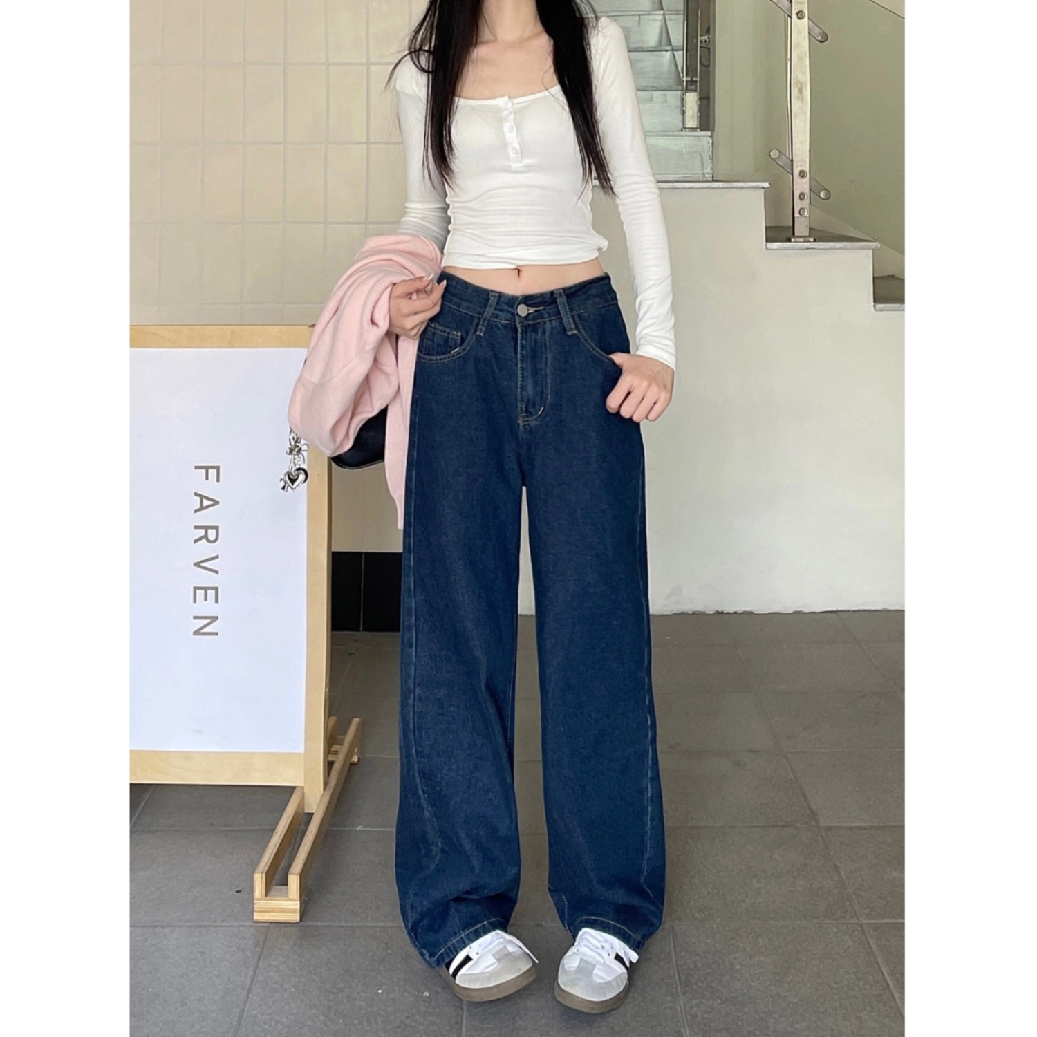 天才小熊 复古潮流时尚宽松休闲柔软舒适百搭高腰显瘦直筒阔腿裤子牛仔裤 女款