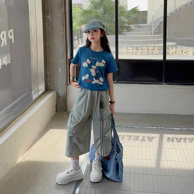 天才小熊牛仔套装 女童夏季大童潮牌运动小孩衣服 小女孩短袖洋气时髦 漂亮 甜美