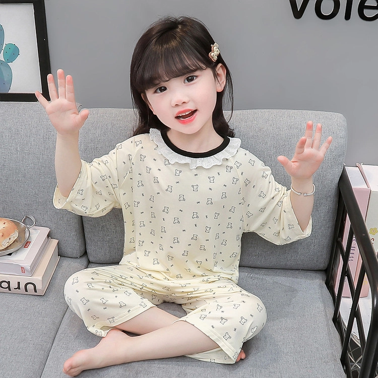 天才小熊家居服套装 女童夏季圆领花边小熊大童休闲小孩衣服 小女孩居家外穿 睡衣洋气时髦 漂亮 甜美