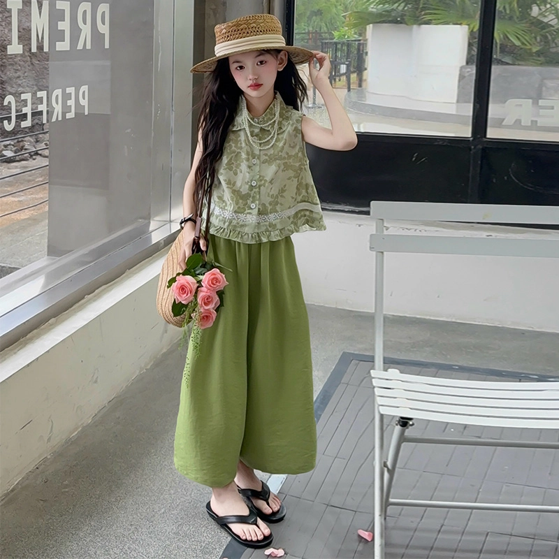 天才小熊休闲运动套装 女童夏季大童潮牌小孩衣服 小女孩碎花衬衣短袖洋气时髦 漂亮 甜美