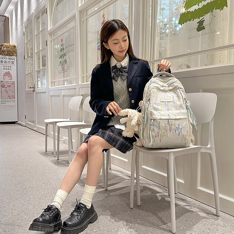 天才小熊 书包初中女生高中生女大学生 简约森系 经典时尚小众设计 高级感 休闲拉链开合  尼龙布 双肩包 大号 白色