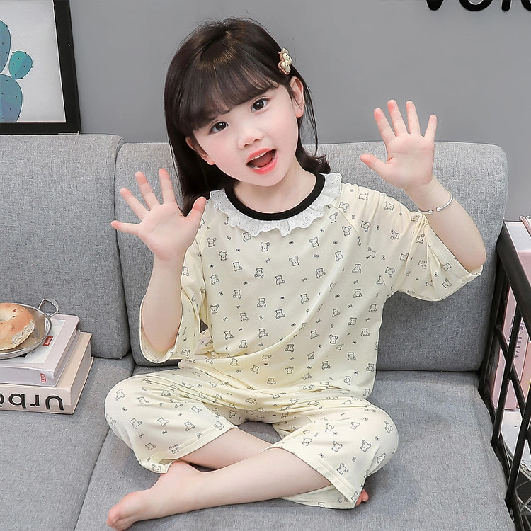 天才小熊家居服套装 女童夏季圆领花边小熊大童休闲小孩衣服 小女孩居家外穿 睡衣洋气时髦 漂亮 甜美