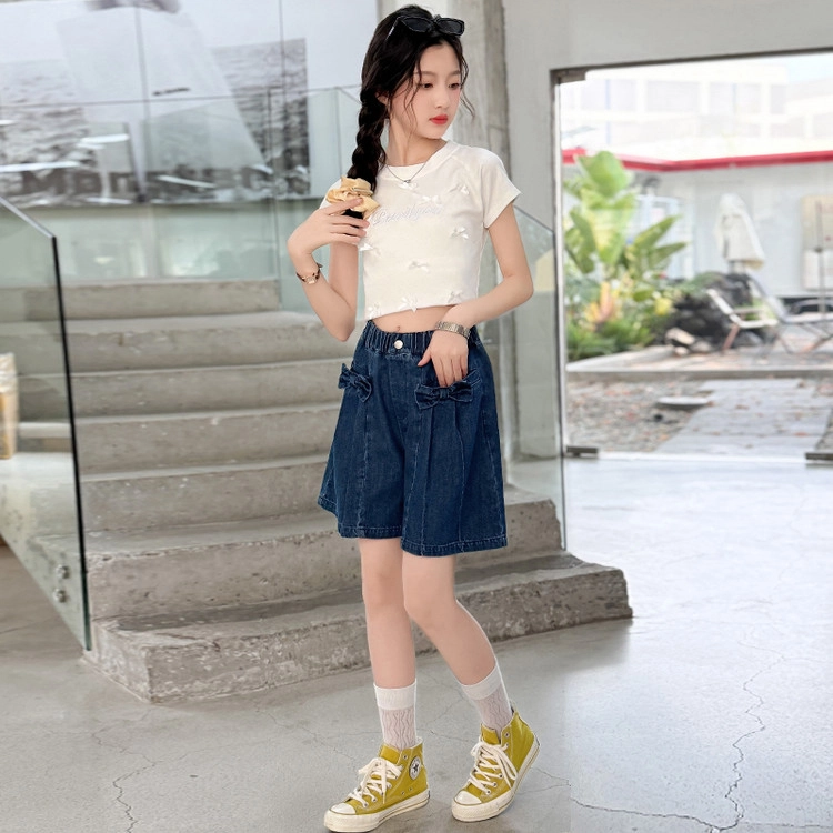 天才小熊女童夏季运动裤大童潮牌小孩衣服 青少年 净色蝴蝶结短裤 洋气时髦 韩版直筒板