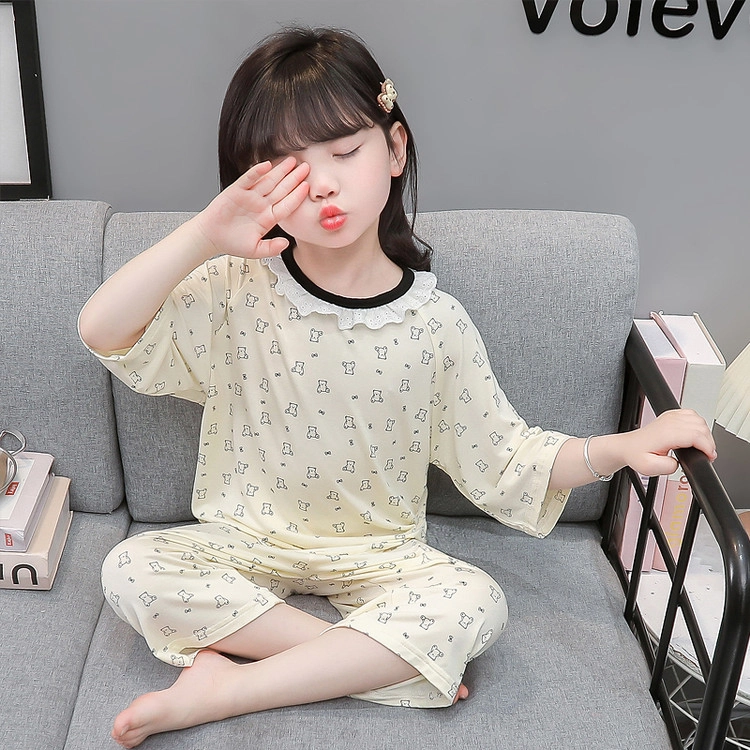 天才小熊家居服套装 女童夏季圆领花边小熊大童休闲小孩衣服 小女孩居家外穿 睡衣洋气时髦 漂亮 甜美