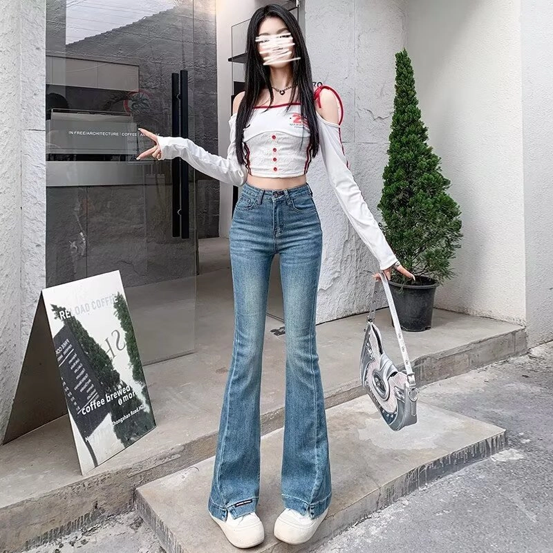 天才小熊 潮流时尚百搭复古开叉喇叭裤女修身弹力显瘦小个子微喇裤牛仔裤 女款