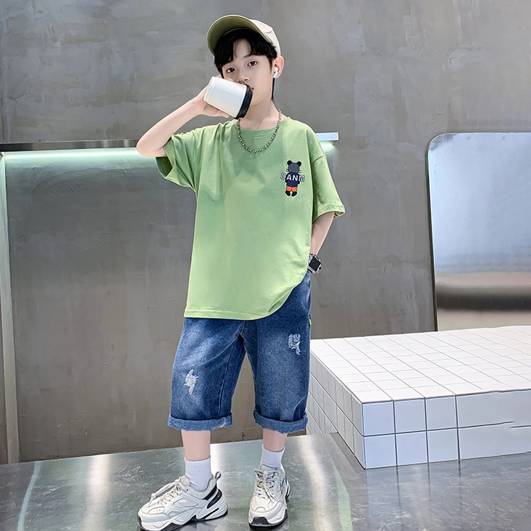 天才小熊休闲运动套装  男童夏季卡通小熊短袖牛仔裤大童潮牌小孩衣服 小男孩洋气时髦 舒适帅气轻便