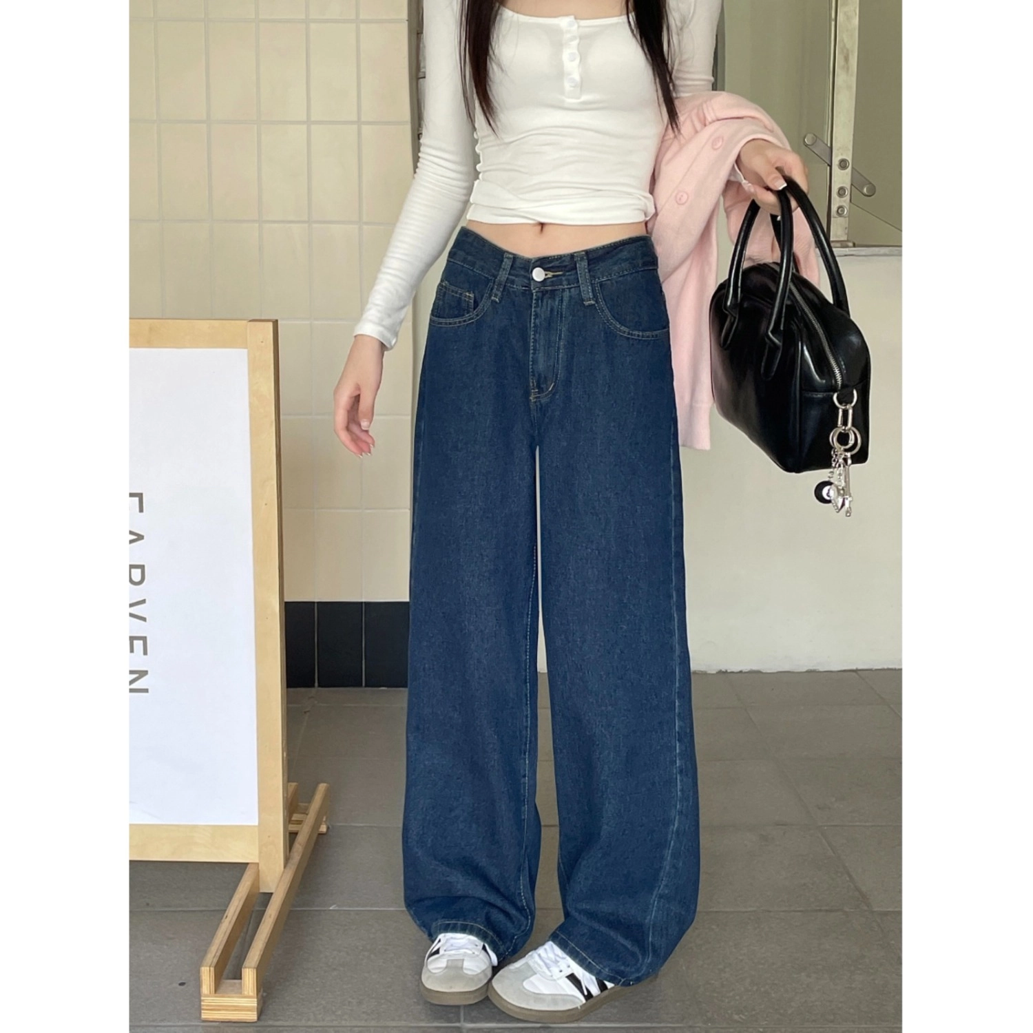天才小熊 复古潮流时尚宽松休闲柔软舒适百搭高腰显瘦直筒阔腿裤子牛仔裤 女款