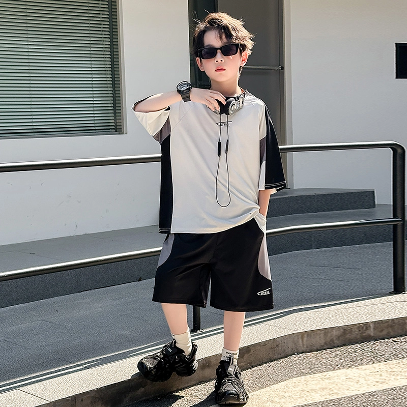 天才小熊休闲运动套装 男童夏季大童潮牌小孩衣服 小男孩短袖洋气时髦 时尚拼色速干冰丝 儿童款