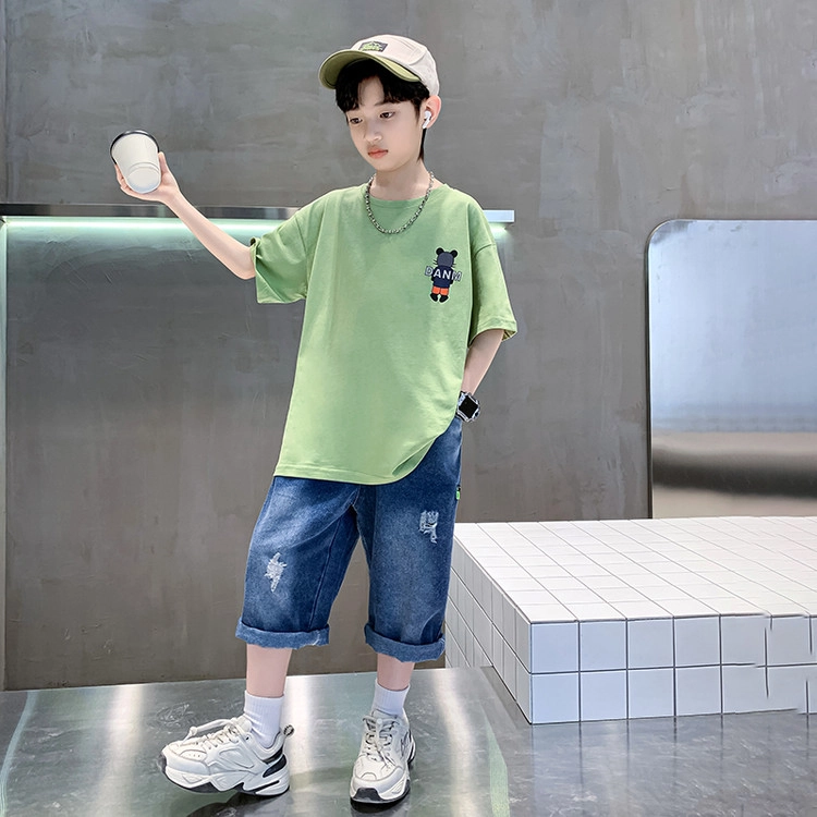 天才小熊休闲运动套装  男童夏季卡通小熊短袖牛仔裤大童潮牌小孩衣服 小男孩洋气时髦 舒适帅气轻便
