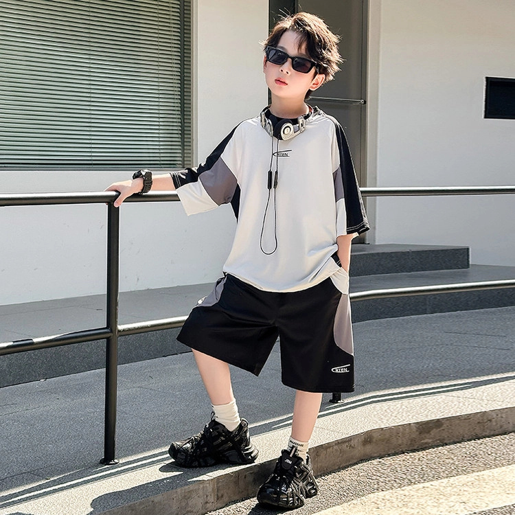 天才小熊休闲运动套装 男童夏季大童潮牌小孩衣服 小男孩短袖洋气时髦 时尚拼色速干冰丝 儿童款