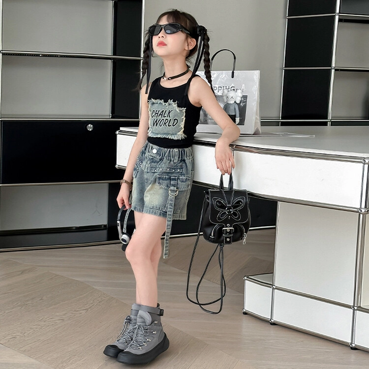 天才小熊休闲运动套装 女童夏季大童潮牌小孩衣服 小女孩 短袖 牛仔短裤洋气时髦 漂亮 甜美 