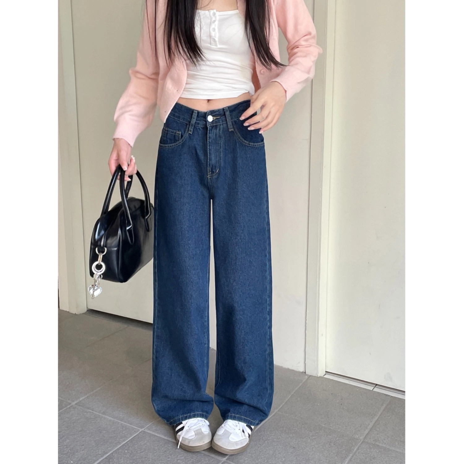 天才小熊 复古潮流时尚宽松休闲柔软舒适百搭高腰显瘦直筒阔腿裤子牛仔裤 女款