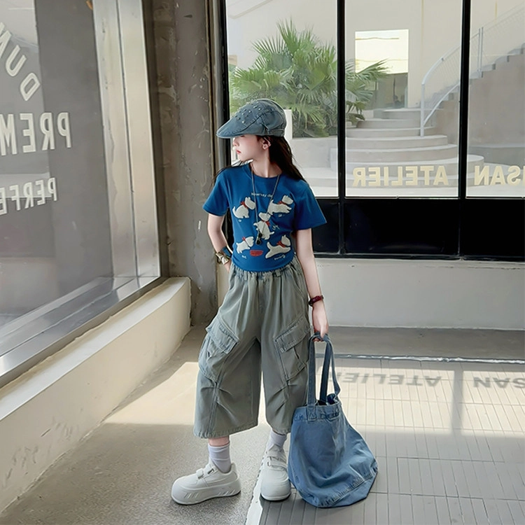 天才小熊牛仔套装 女童夏季大童潮牌运动小孩衣服 小女孩短袖洋气时髦 漂亮 甜美