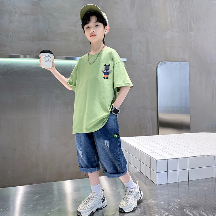天才小熊休闲运动套装  男童夏季卡通小熊短袖牛仔裤大童潮牌小孩衣服 小男孩洋气时髦 舒适帅气轻便