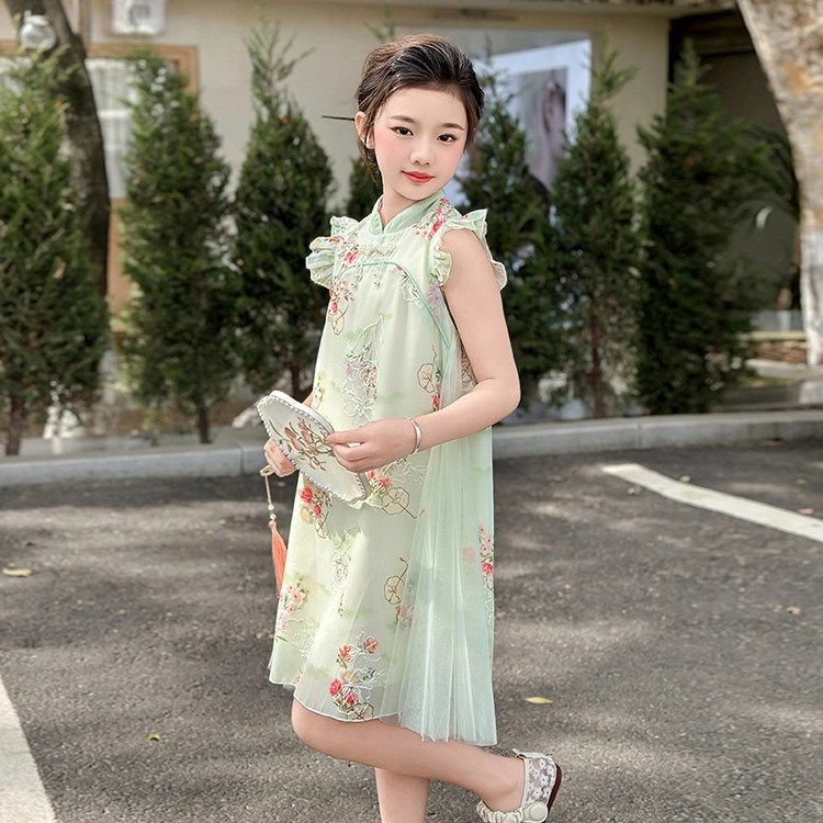 天才小熊汉服 女童夏季大童运动小孩衣服 小女孩 青少年蝴蝶中国风旗袍洋气时髦 漂亮 甜美 青少年