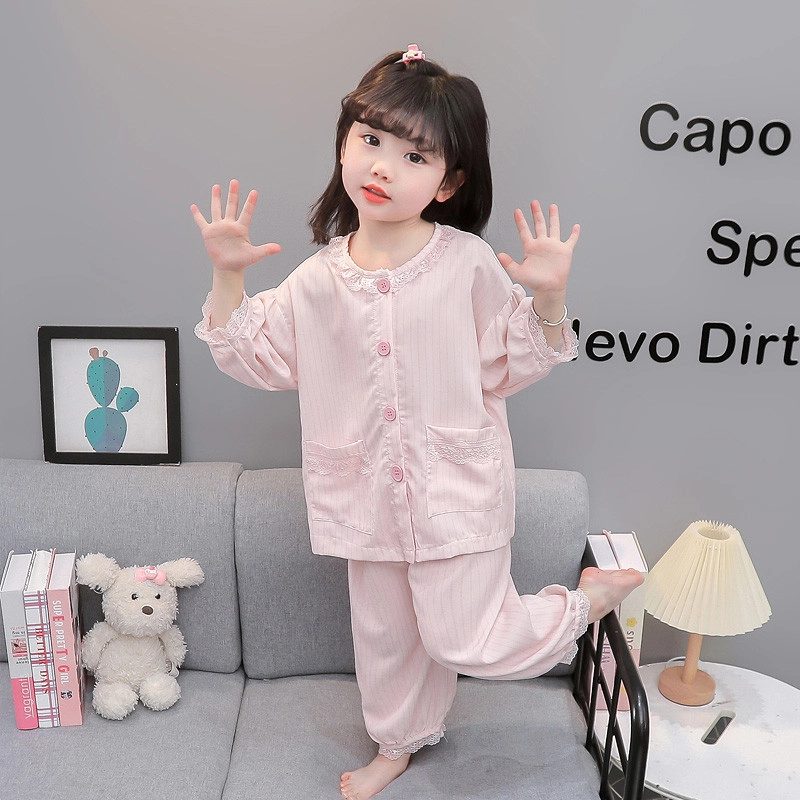 天才小熊家居服套装 女童夏季花边领开衫睡衣大童休闲小孩衣服 小女孩居家外穿 洋气时髦 漂亮 甜美