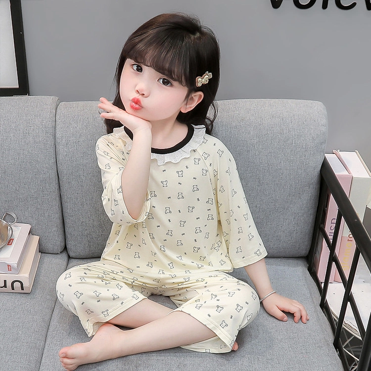 天才小熊家居服套装 女童夏季圆领花边小熊大童休闲小孩衣服 小女孩居家外穿 睡衣洋气时髦 漂亮 甜美