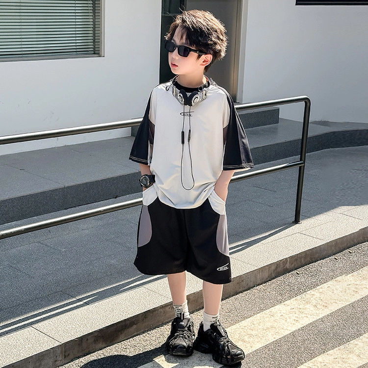 天才小熊休闲运动套装 男童夏季大童潮牌小孩衣服 小男孩短袖洋气时髦 时尚拼色速干冰丝 儿童款