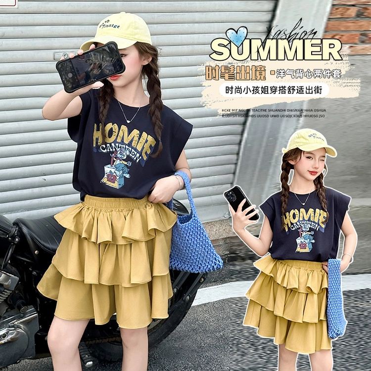 天才小熊休闲运动套装 女童夏季夏装大童潮牌小孩衣服 小女孩短袖洋气时髦 漂亮 甜美