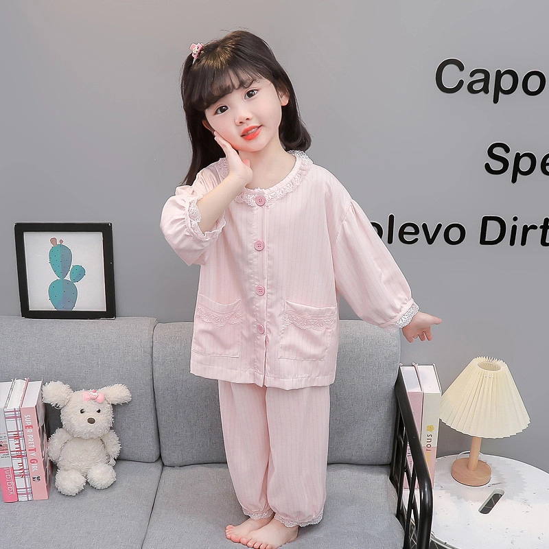 天才小熊家居服套装 女童夏季花边领开衫睡衣大童休闲小孩衣服 小女孩居家外穿 洋气时髦 漂亮 甜美