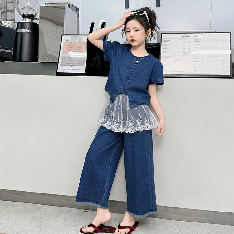 天才小熊休闲运动套装 女童夏季大童潮牌小孩衣服 小女孩 蕾丝牛仔 洋气时髦 漂亮 甜美舒适