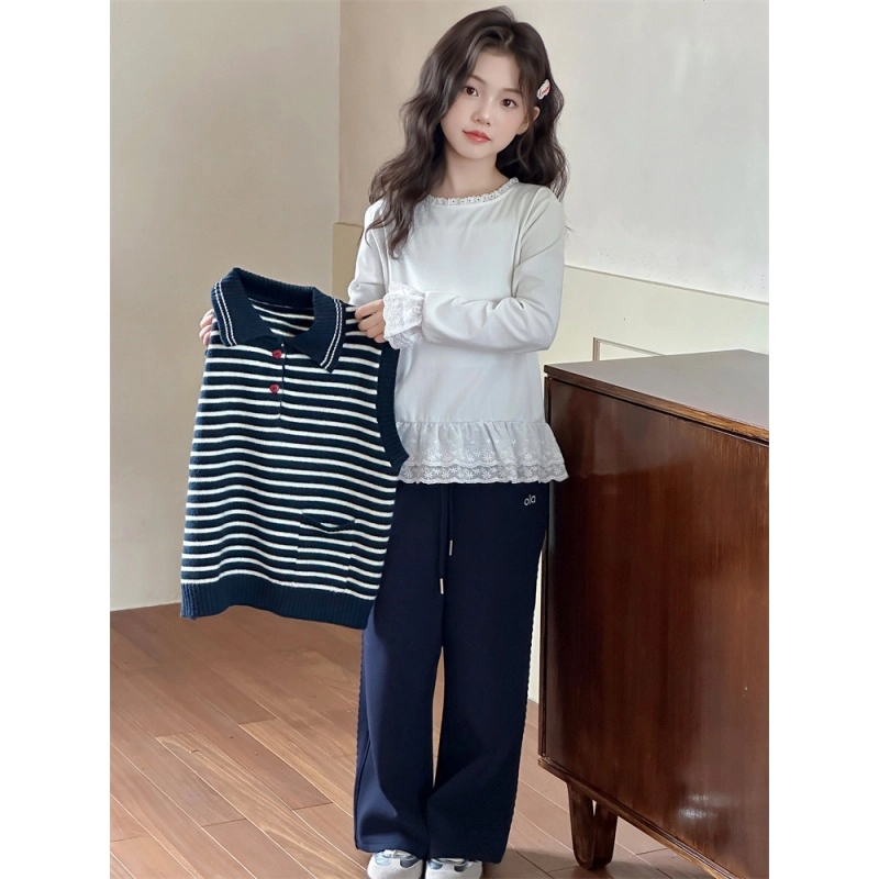 俞兆林休闲运动套装 女童春秋款女大童秋季洋气百搭条纹毛衣马甲两件套潮韩系舒适亲肤时尚翻领中针织无裤子 儿童款