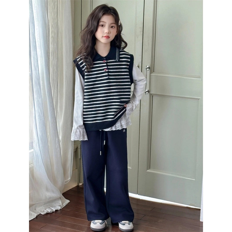 俞兆林休闲运动套装 女童春秋款女大童秋季洋气百搭条纹毛衣马甲两件套潮韩系舒适亲肤时尚翻领中针织无裤子 儿童款