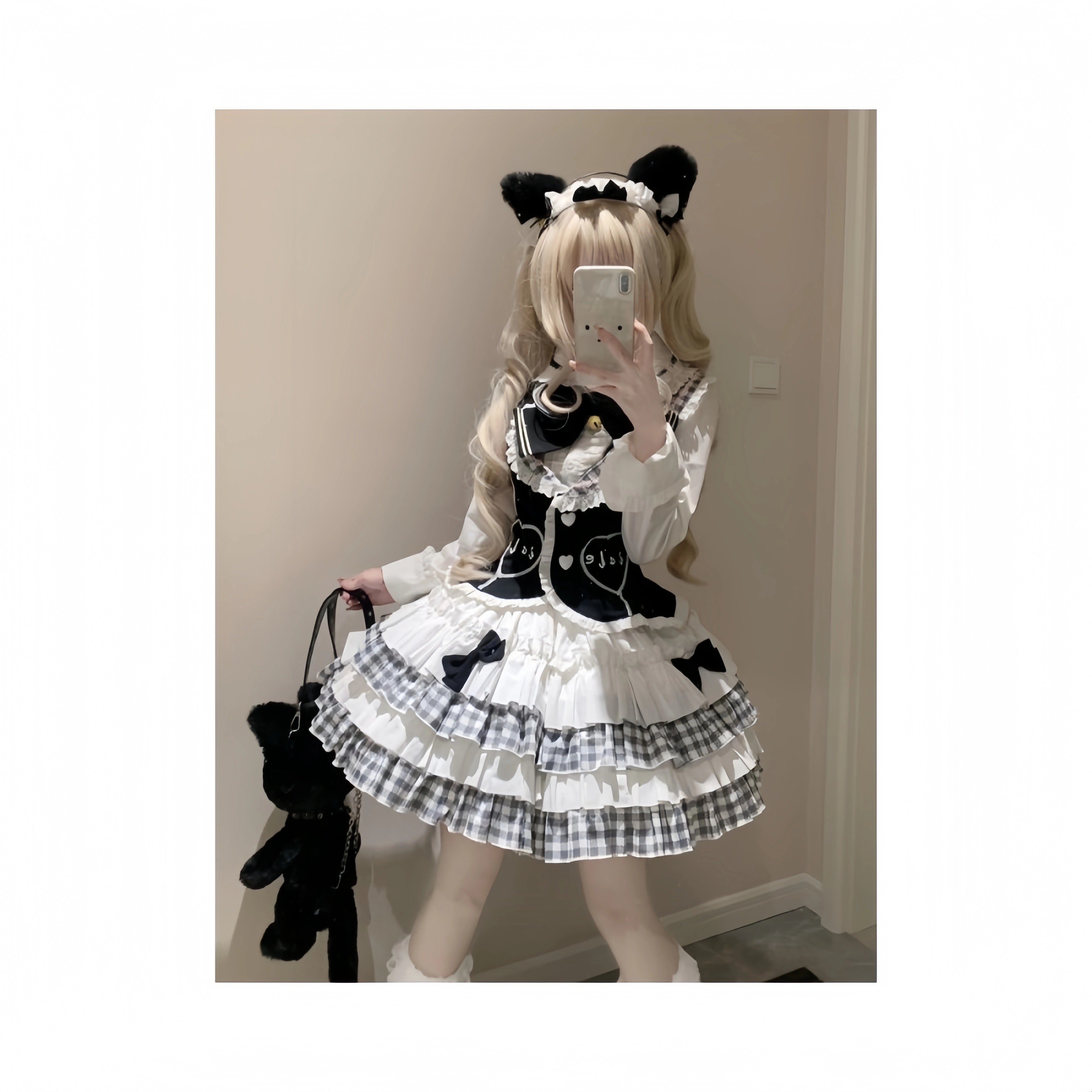 依钗 学院风蝴蝶结韩系甜美衬衣马甲格子拼接蛋糕蓬蓬裙萝莉装 女款