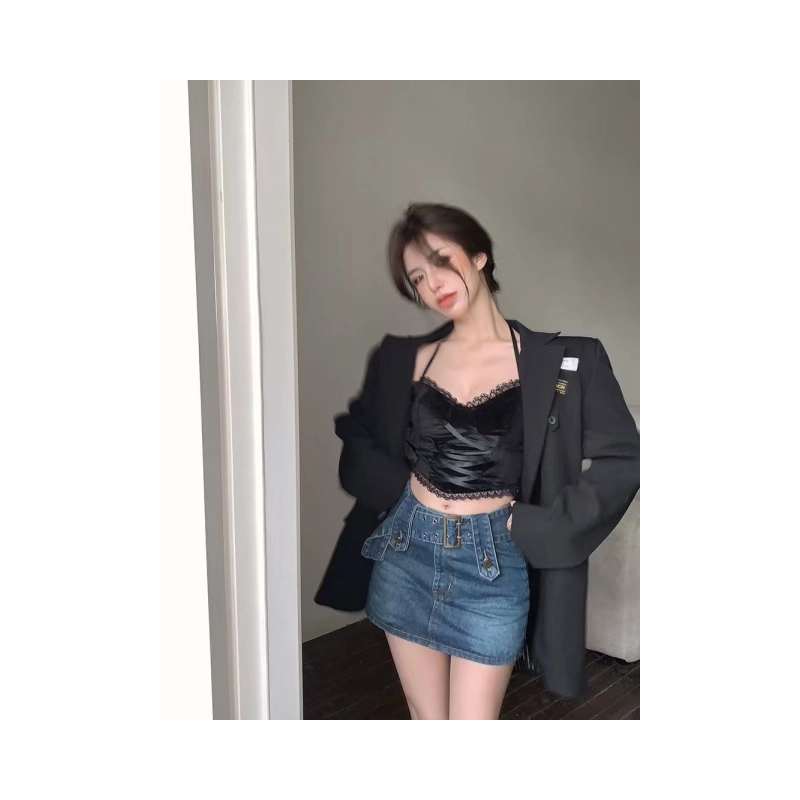 依钗 欧美街头丝绒低胸蕾丝边性感修身吊带 女款