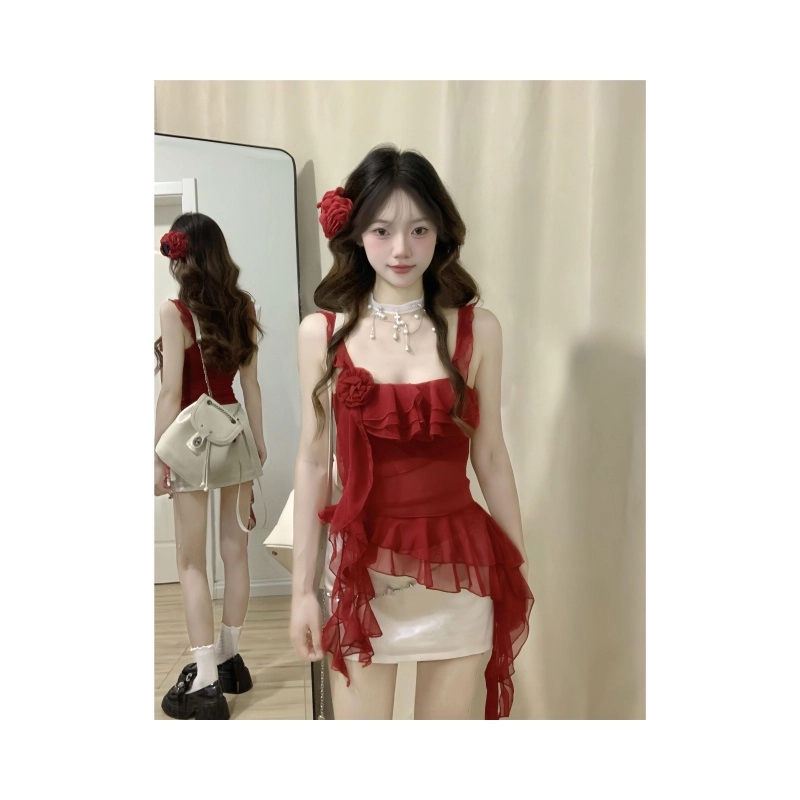 依钗 小众设计收腰修身短款纱网背心外穿吊带 女款