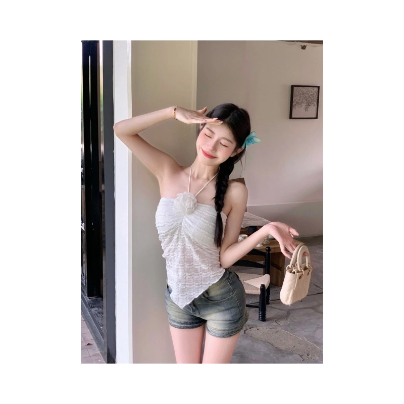 依钗 纯欲风立体花朵挂脖背心提花性感吊带 女款