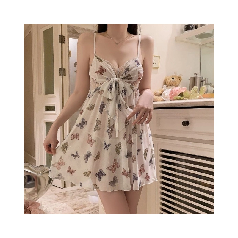 依钗 纯欲蝴蝶印花低胸碎花时尚简约吊带连衣裙 女款