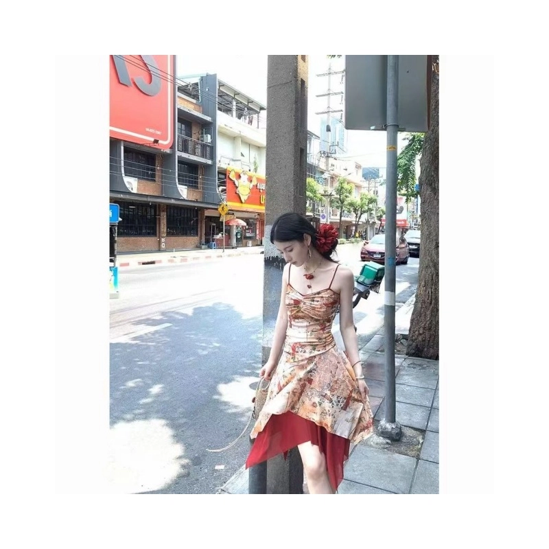 依钗 海边度假碎花拼接收腰吊带连衣裙 女款