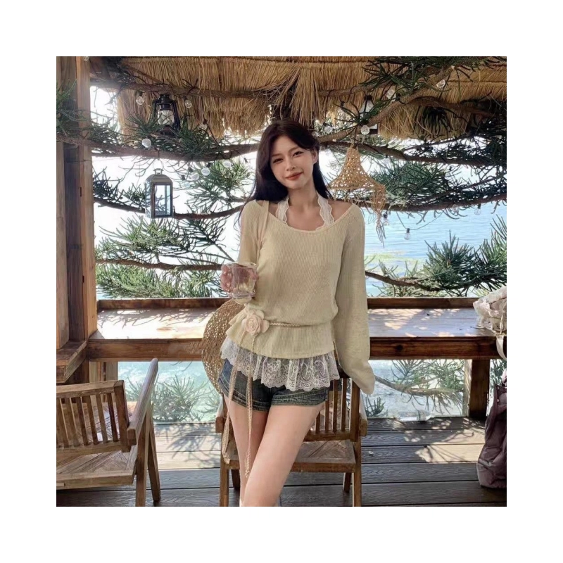 依钗 韩系甜美收腰显瘦拼接假两件挂脖长袖针织衫 女款