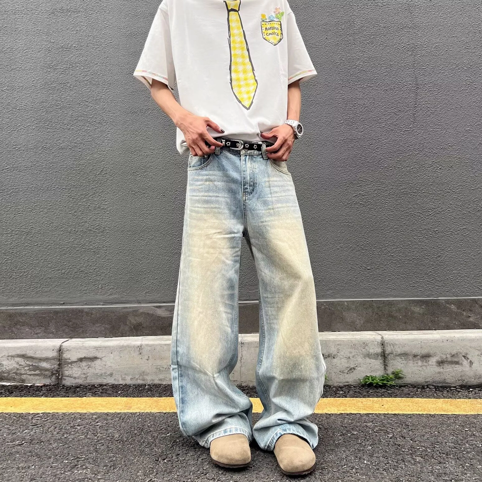 洞洞拐 美式复古水洗染直筒文艺潮流时尚简约百搭牛仔裤 男女同款