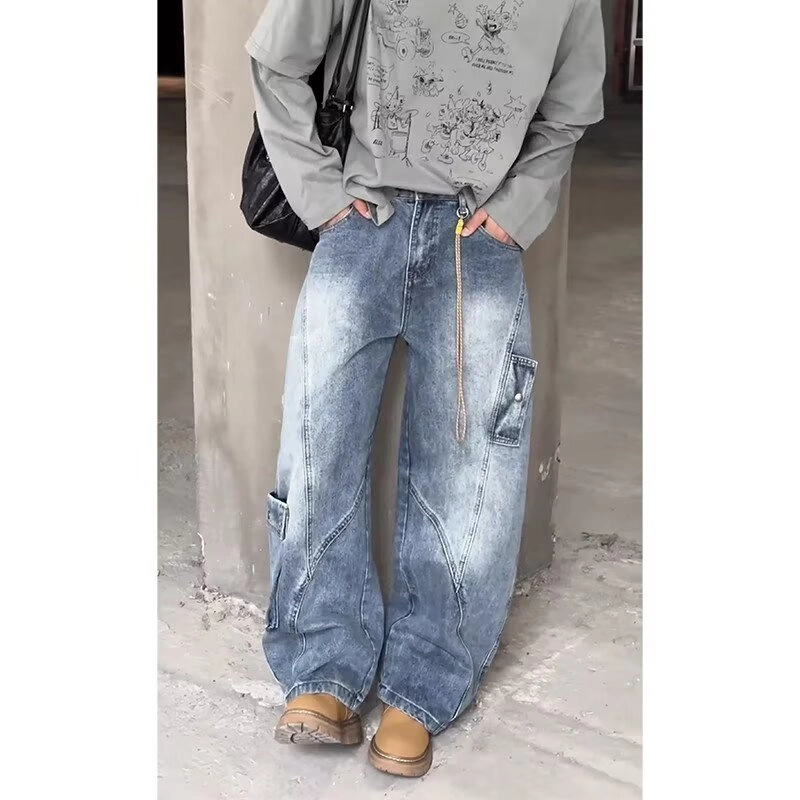 洞洞拐 美式复古拼接设计弯刀水洗宽松直筒阔腿休闲潮牌牛仔裤 男女同款